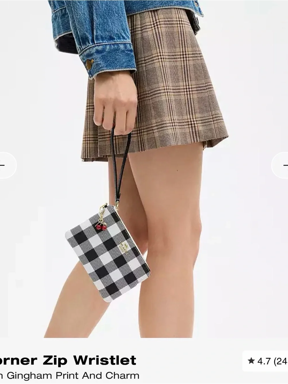 Coach Black & White Gingham Zip Wristlet with Cherry Charm